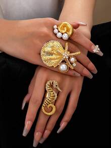 7 Pieces Of European And American Fashion Personality Minimalist Ins Style Alloy Geometric Multi Piece Set Women's Ring Jewelry, Minimalist Cross Ring, Women's Stackable Simple Ring Jewelry - Vàng - Xem 7