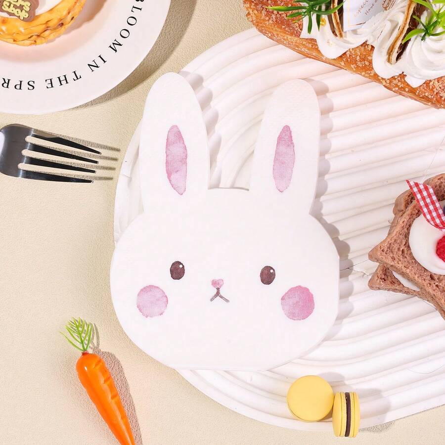 20pcs/40pcs/60pcs White Rabbit Shaped 2-Ply 13*13 Inch Paper Napkins, Joyful Easter Party Napkins, Rabbit Birthday Celebration, Spring Cocktail Tea Party Disposable Napkins, Tabletop Decor, Rabbit Birthday Party Decorations - Multicolor - View 1