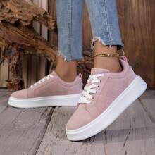 New Fashion Women's White Thick-Sole Sneakers - Faux Suede Material Lace-Up Casual Walking Shoes, Thick Sole Design, Comfortable Wear, Suitable For Daily Use - Pink - View 5