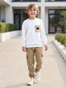 男童春秋季圆领卫衣和休闲口袋裤套装（2件套），白色上衣搭配运动裤，时尚装扮 - 卡其色 - 查看 4