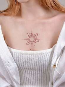 1pc Fashionable Red Star Tattoo Sticker, Minimalist Line Design Waterproof Sticker, Sweet & Cool Girl Niche Vibe Arm Tattoo, Waterproof & Sweat-Proof, Suitable For People - Red - View 2