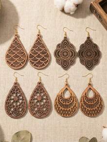 4pairs/Set Wooden Vintage Chic Earrings - Brown - View 13