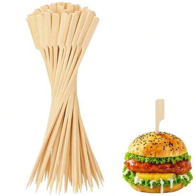 100 szt. bambusowych wykałaczek do koktajli, odpowiednich do przystawek, drewniane szpikulce, eleganckie płaskie wykałaczki, 4,7-calowe bambusowe patyczki do kanapek imprezowych i pater z owocami