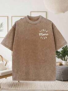 2026 Summer TopsWomen's Vintage Washed Distressed Printed T-Shirt-Men's 230g Washed Vintage Cotton T-Shirt - Tired Moms Club Graphic Print, Casual Short Sleeve Round Neck Tee, Funny Mother's Day Gift For Women, Machine Washable Summer Top, Casual Attire |   Playful Print |   Durable Fabric-Casual Round Neck Short Sleeve Cotton Street Wear Women'sTopsLoose And Comfortableshirt - 咖啡棕 - 查看 2