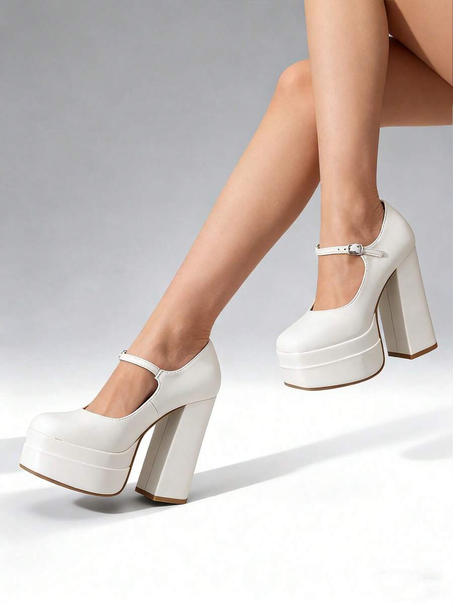 Women's Mary Jane Platform Chunky High Heels Pumps Square Toe Solid Color Weddings Banquets Fashionable Y2K Shoes - White - View 1