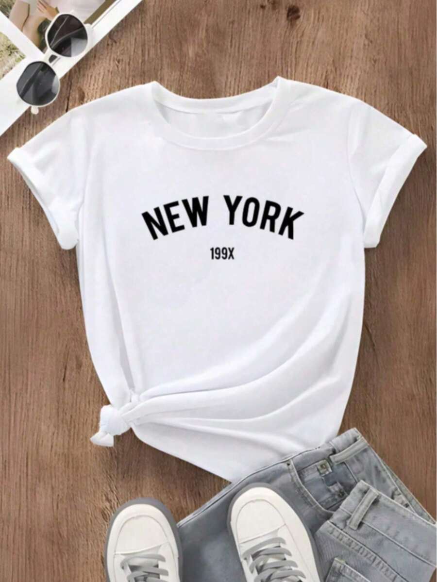 Camiseta Feminina New York Camisa Manga Curta Algodão Estampada Moda Feminina Blogueira Mulher Academia Treino Estilo - Branco - Visão 1