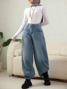 DAZY Wide Leg Denim Jeans Old Money Style Business Casual Woman Work Clothes - Light Wash - View 9