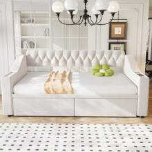 Polsterbett Schlafsofa 90*190 Cm, Breitere Und Dickere Armlehnen Mit USB-Ladeanschluss, Integrierte Ablage In Den Armlehnen, Mit Ablagetaschen, Mit Aufbewahrungsschublade, Samtstoff, Beige - Beige - View 1