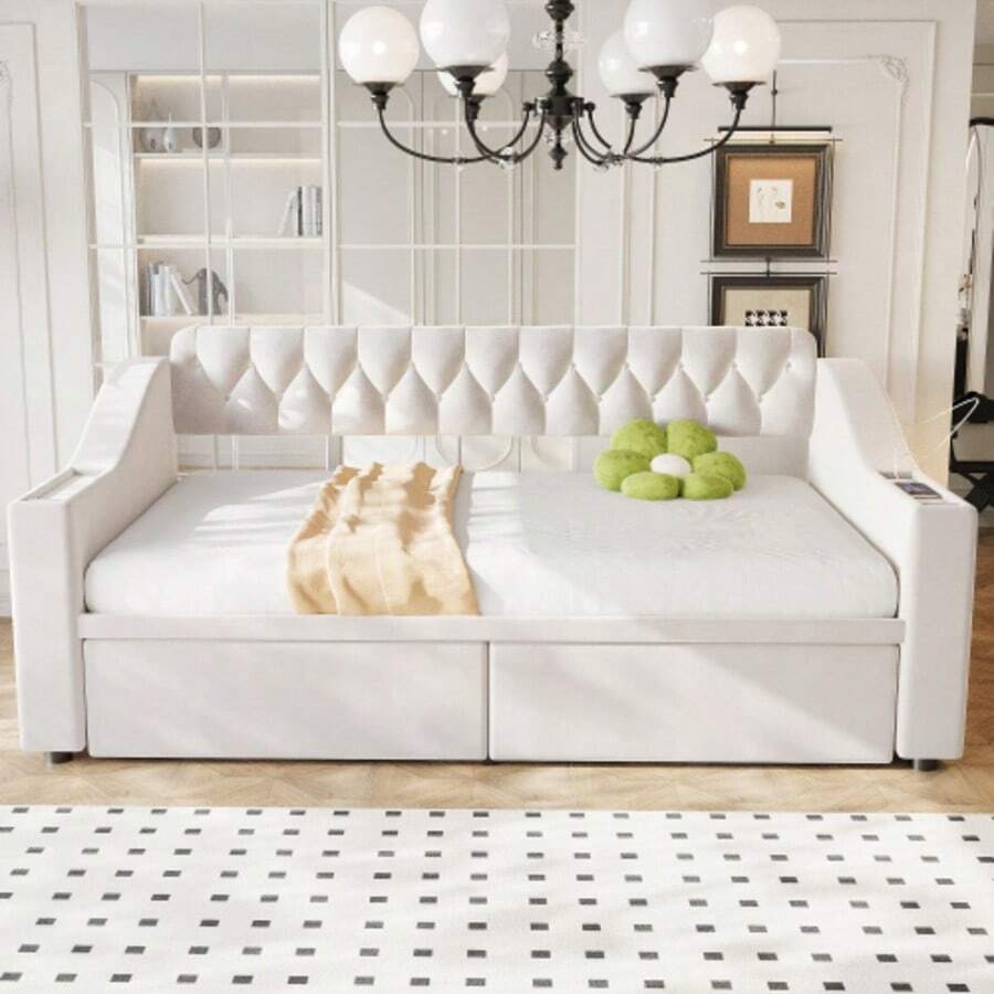 Polsterbett Schlafsofa 90*190 Cm, Breitere Und Dickere Armlehnen Mit USB-Ladeanschluss, Integrierte Ablage In Den Armlehnen, Mit Ablagetaschen, Mit Aufbewahrungsschublade, Samtstoff, Beige - Beige - View 1