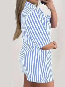 Women's Striped Casual Summer Set - Elegant, Comfortable, Fashionable, Stylish, Blogger-Friendly, - 淺藍色 - 查看 2