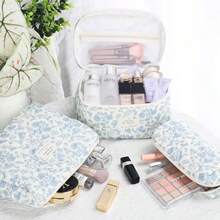 Bolsa de  acolchada de algodón para mujer bolsa de cosméticos grande tamaño pequeño de viaje Azul-Blanco Moderno -B026 - Flor rosa - Ver 5