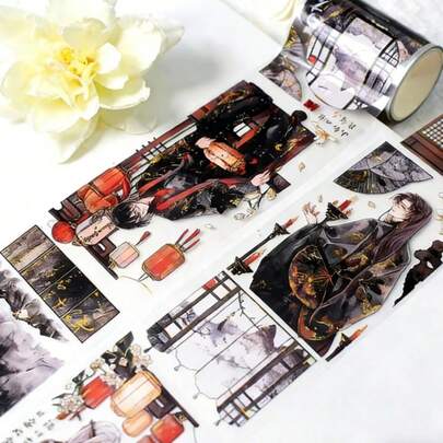 2m Laser Gold Foil PET & Paper Tape, Vintage Style Transparent Decorative Sticker Tape, Suitable For Scrapbooking, Journals, Stationery