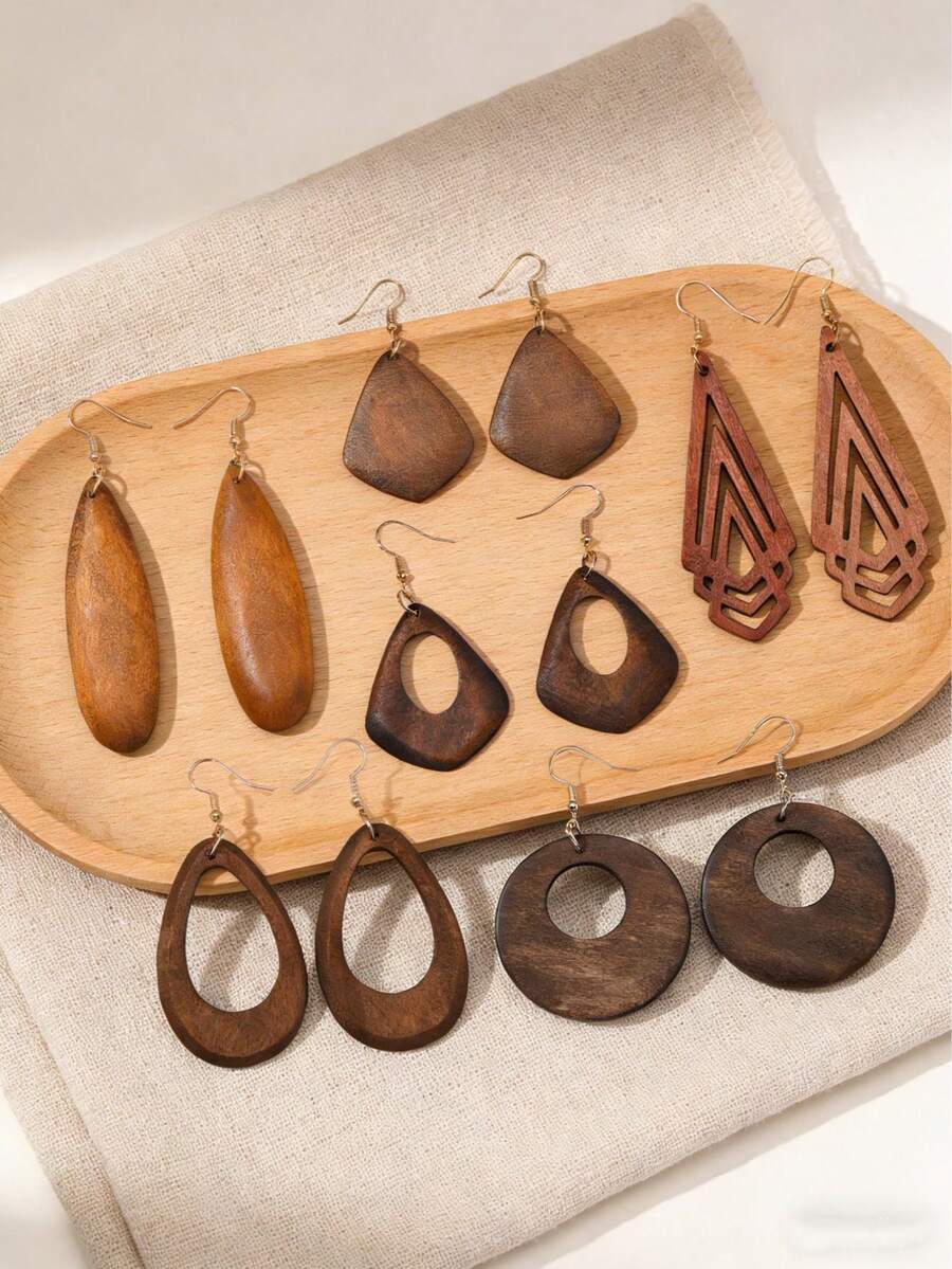 6 Pairs/Set Women's Jewelry, Lightweight Wooden Texture Mixed Pendants, European & American Classic, Suitable For Celebrations, Parties, Women's Fashion Jewelry - 6 Pairs - View 1