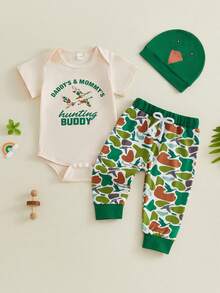 Conjunto de primavera para bebés varones, mono de manga corta con estampado de letras de pato, pantalones de camuflaje, sombrero, ropa sencilla de uso diario, ideal para 0 a 12 meses. - Esmeralda - Ver 6