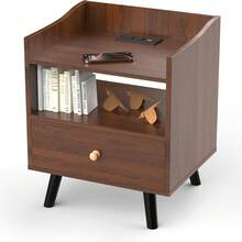 Buró para Recamara, Mesita de Noche, Vintage con Estación de Carga, 3 Niveles de Almacenamiento, 1 Cajones, Puertos USB y Tomas de Corriente - Buró Multifuncional para Dormitorio y Sala de Estar - Camel - Ver 8