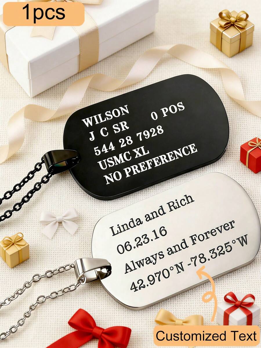 1pc Stainless Steel Military Dog Tag Necklace, Customizable Necklace For Men, Collar Accessory, Jewelry. Customized Name, Date Engraved Military Tag. Suitable For Father, Mother, Couples, Boyfriend, Self-Commemoration, Gift For Friends And Family, Daily Wear, Special Occasions, Boyfriend Gift, Valentine's Day Gift, Gift For Her, Father's Day Gift, Gift For Dad, Gift For Husband/Boyfriend. Customized ID Dog Tag Engraving.