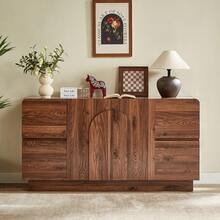 ONBRILL 60 Inch Sideboard With 4 Drawers, Curved Design Buffet Cabinet With Arched Doors & Adjustable Shelves, Mid Century Modern Accent Cabinet  For Living Room, Dining Room, Entryway, Black - Quả óc chó - Xem 11