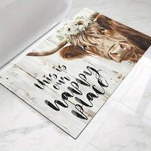 1pc Rustic Wooden Cow Shaped Washable Diatomite Mud Mat, Non-Slip Durable Bathroom Doormat - A Cow With Flowers - View 1