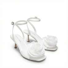 Women Kitten Hee Wedding Heeled Sandals Ankle Strap Square Open Toe Heeled Sandals Flower Dress Shoes For Spring Wedding Party Prom Wearing - 白緞 - 查看 2