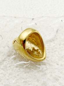 Mazuer 1pc Vintage Style Golden Smooth Oval Ring, 18K Gold Plated Stainless Steel Jewelry, Business & Casual Accessory, Gift - Gold - View 7