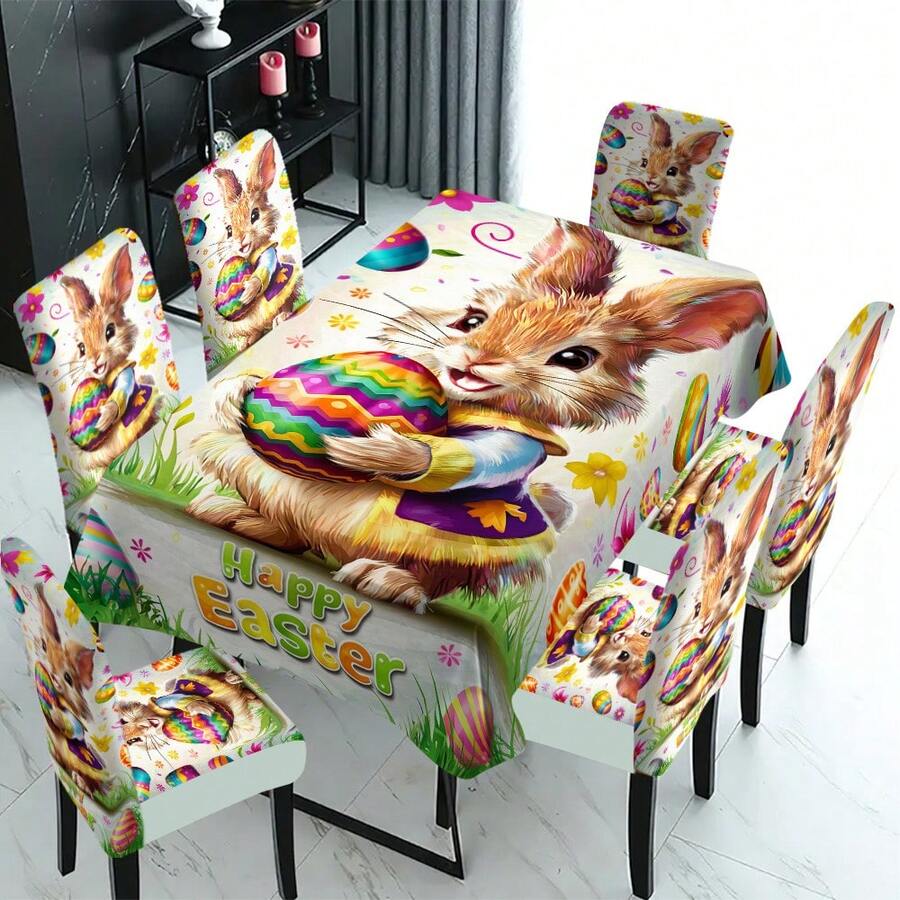 1/4/5/6/7/30pcs Easter Theme Chair Covers & Tablecloths, Colorful Easter Bunny Pattern Polyester Dining Table Cloth, Suitable For Restaurant, Cafe And Holiday Decoration, Adding Spring Atmosphere, Suitable For Family Gatherings And Celebrations, Easter Party Decor Chair Covers & Tablecloths