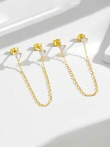 1对S925纯银ins风链条流苏水钻耳钉，个性百搭日常耳环，女士款 - 金色 - 查看 2