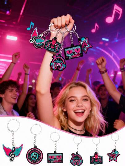 12个音乐主题钥匙扣，音乐派对礼品钥匙扣，80、90年代复古派对钥匙扣套装，可挂在背包上，音乐会纪念品，生日派对礼物