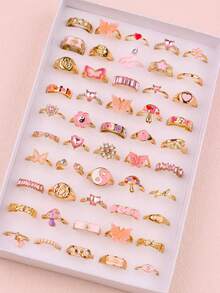 11 piezas Anillos de Rhinestone rosa delicados y lindos, adecuados como regalos de fiesta de cumpleaños para niñas y niños, accesorio de moda para uso diario - 11 anillos para el meñique con diamantes de imitación rosas y dorados - Ver 2