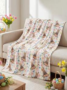 复活节法兰绒毯，复活节彩蛋格子兔子花朵树叶图案，柔软蓬松舒适，适合沙发、床铺休闲使用。 - 彩色 - 查看 1