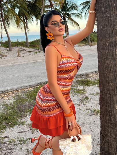 AIJ Amarilo Women's Colorful Summer Vacation Dress, With Knotted Shoulder Straps, Retro Floral Print, Fitted Ruffle Hem Mini Dress, Ideal For Beach Vacation And Outings Party