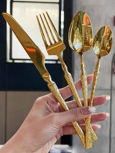 4/24pcs Gold Stainless Steel Elegant Cutlery Set, Including High-Quality Dinner Knife, Fork, Spoon, Dessert Spoon, Kitchen Utensils Suitable For Home, Kitchen, Restaurant, Hotel, Gathering, New Year, Holiday, Party And Wedding