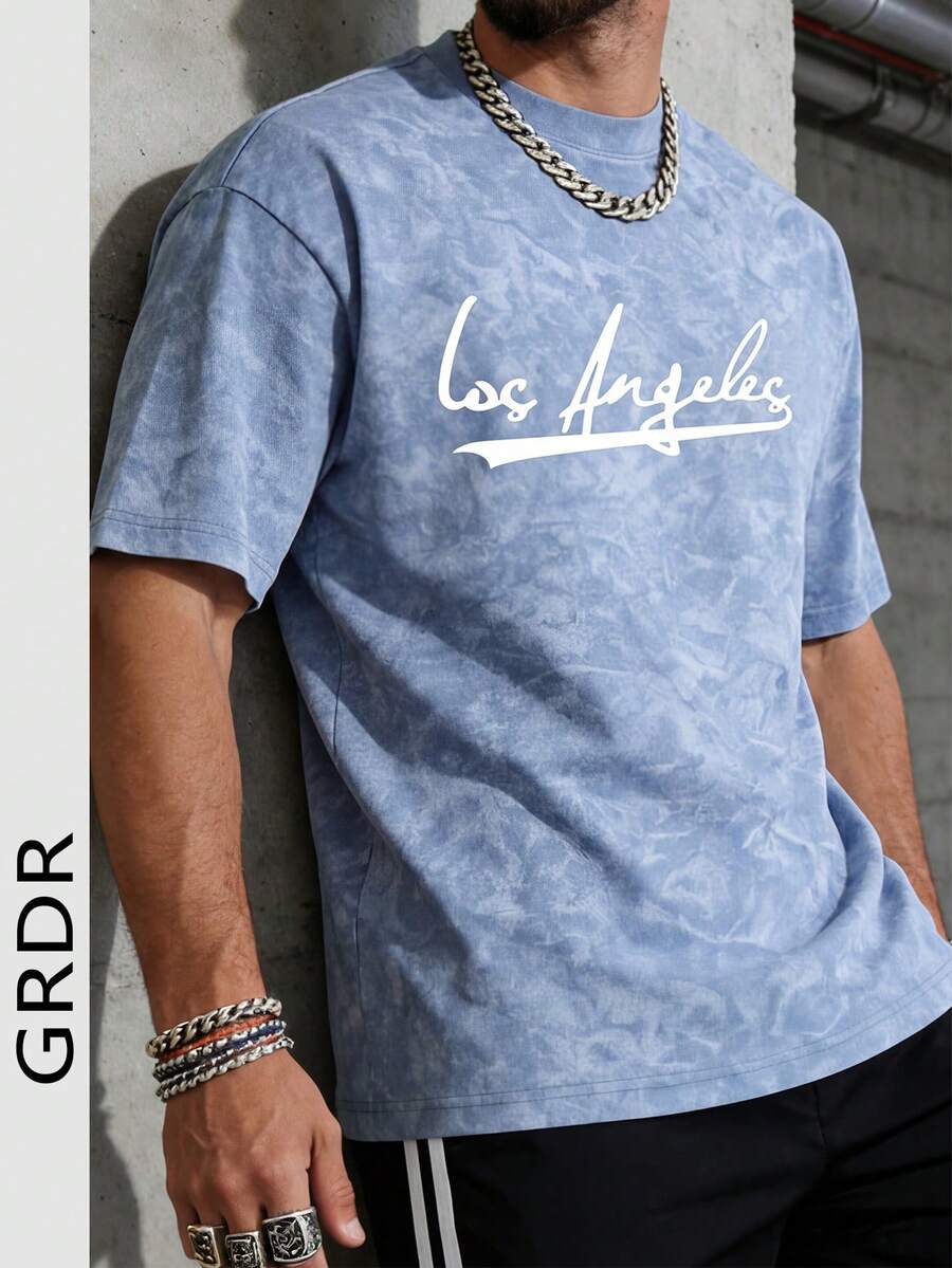 GRDR 男士复古圆领印花水洗短袖衫 - 淺藍色 - 查看 1