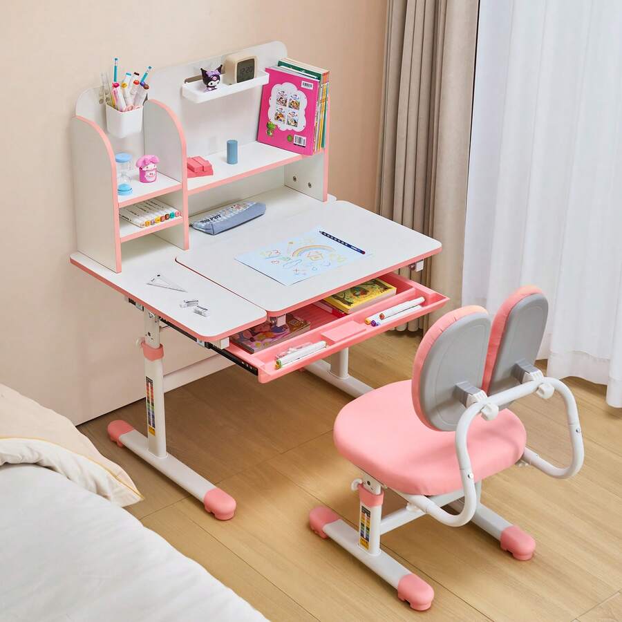 Kids Study Chair And Desk Set, Study Desk And Chair For Kids With Bookshelf & Storage Drawer, Adjustable Height & 0-40° Tilted Desktop Desk And Chair, Study Table For Bedroom & Study Room, Pink - Pink - 20.5 to 43.5 Inches - View 1