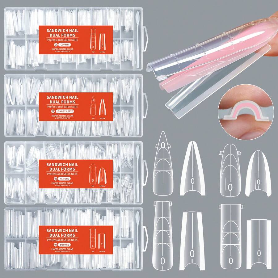 256-Piece Sandwich Nail Tips For Quick Extension Paperless Crystal Gel Nail Tips For Gel Polish No-Build Molds For Crystal Gel Quick Extension Nail Tips Creative Nail Art DIY Tools - Trong sáng - Xem 1