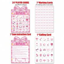 粉色派对用品蝴蝶结宾果游戏卡，适合24人玩，粉色生日派对游戏卡，公主娃娃宾果游戏，适合情人节、闺蜜节、家庭节日聚会派对用品 - 粉色 - 查看 3