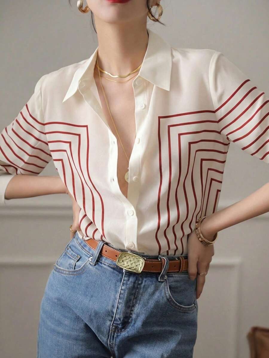 YUXIN 女款春夏/秋冬幾何條紋絲綢襯衫，長袖修身領口透氣時尚，適合辦公室、輕社交場合與休閒穿著