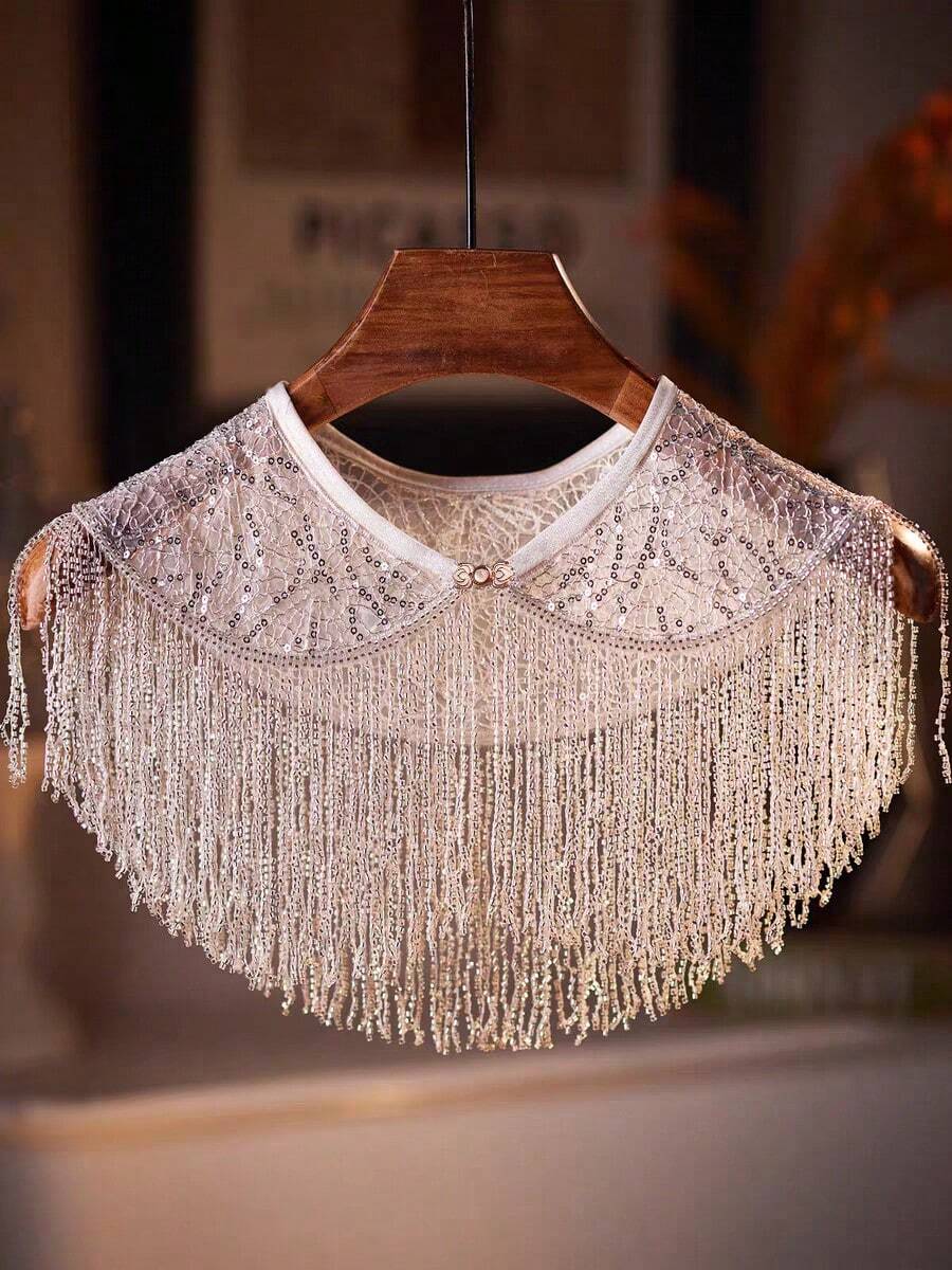 1 chiếc khăn choàng tua rua bạc sang trọng đính ngọc trai và đá rhinestone, thiết kế đa năng, khăn choàng dệt thủ công đính hạt, thích hợp cho ngày Valentine, trang phục ngày lễ, khăn choàng trang trí sang trọng. - bạc - Xem 1