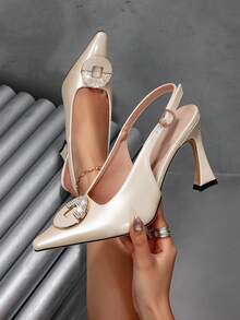 Women's New Pointed Toe Crystal Embellished Hollow Back High Heel Shoes, Elegant For Party And Commute, Versatile - Apricot - View 1