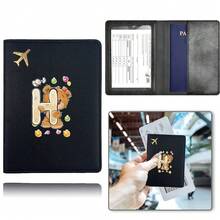 便携式护照夹，PU行李牌，多功能旅行钱包，可爱卡包，可折叠轻便护照夹钱包，男女通用，26种字母图案 - 黑色 - 查看 33