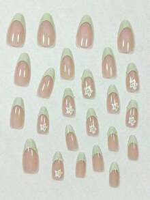 24pcs Almond Shape Minimalist Floral Green Accent 3D French Style Artificial Nail Tips, Sweet & Elegant Design Suitable For Office Ladies, Daily Occasions, Meetings, Dates, Press On Nails, Nails Press On, Christmas & New Year Nails - 彩色 - 查看 9