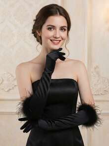 1 Pair Satin Bridal Long Gloves Bridal Gloves Wedding Long Elbow Length Finger Wedding Accessories Silk Gloves - Multicolor - View 3