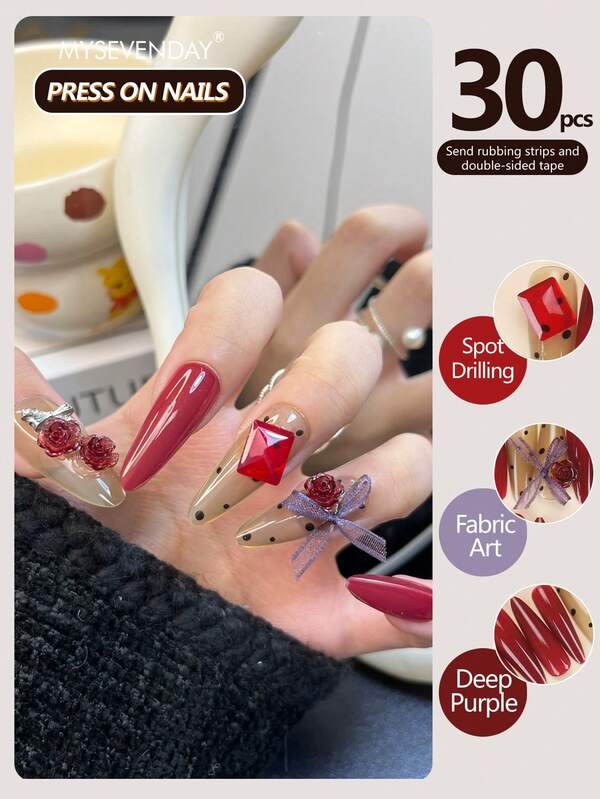 30 Pieces Press On Nails Almond /Red Crystal Rose And Metal Bow With Drawstring Embellishment Decoration, Color Blocked Long Red Full Coverage Nail Art/Comes With Jelly Glue And Rubbing Strips Suitable For Aggregation, Reusable For Daily Use Using Can Enhance Your Temperament