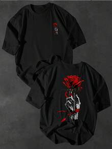 Personality Mechanical Palm Rose Print Short Sleeve T-Shirt For Men Daily Street Fashion Top - 黑色 - 查看 3