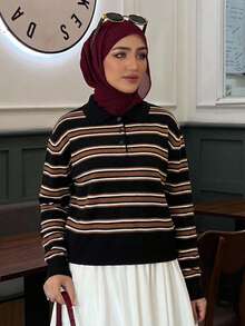 Livesso 女士宽松撞色条纹 Polo 领长袖休闲街头风针织衫，春秋季 - 黑色 - 查看 6