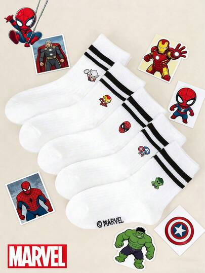  1/5 Pares de Meias Infantis com Estampa Simétrica do Homem-Aranha, Homem de Ferro, Hulk e Thor da Marvel, Meias Curtas para Meninas e Meninos, Meias para Uso Diário/Festas/Páscoa/Primavera e Verão, Meias com Babados, Meias Cano Médio Listradas em Preto e Branco, Meias Macias e Respiráveis até o Tornozelo