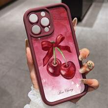 酒红色复古甜美渐变蝴蝶结樱桃TPU加厚防震手机壳，兼容 15 Pro Max、16、16 Plus、15、14、13、12、11、XS、XR、X、7、8 Plus、Pro Max、13 Pro Max、17、17 Pro Max、15 Plus，女士理想礼物 - 酒紅色 - 查看 3