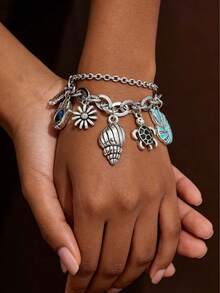 1pc New Bohemian Style Handpainted Enamel Ocean Series Design Beachy Chain Bracelet, Suitable As Valentine's Day Gift For Women - Multicolor - View 8