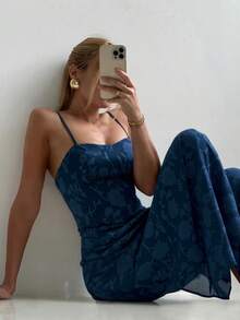 女士纯色纹理面料性感吊带系带连衣裙，修身设计凸显身材，适合海滩度假、婚礼、派对、音乐节/演唱会等夏季场合，尽显优雅气质。 - 藏蓝色 - 查看 2