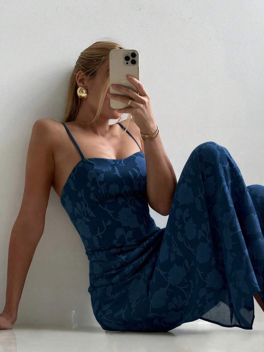 女士纯色纹理面料性感吊带系带连衣裙，修身设计凸显身材，适合海滩度假、婚礼、派对、音乐节/演唱会等夏季场合，尽显优雅气质。 - 藏蓝色 - 查看 1