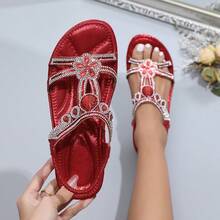Bohemian Style Versatile Lightweight All-Season Hollowed-Out Rhinestone Plus Size Sandals For Women - Red - View 1